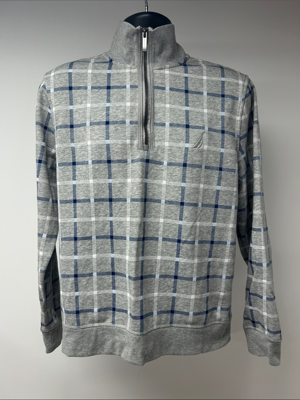 Nautica Plaid Quarter Zip Fleece Sweatshirt Medium Grey Blue Preppy Coastal